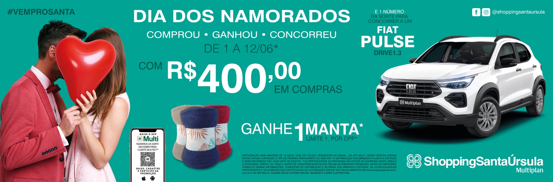 ShoppingSantaÚrsula promove campanha de Dia dos Namorados com o sorteio de um Fiat Pulse Drive 1.3 zero quilômetro