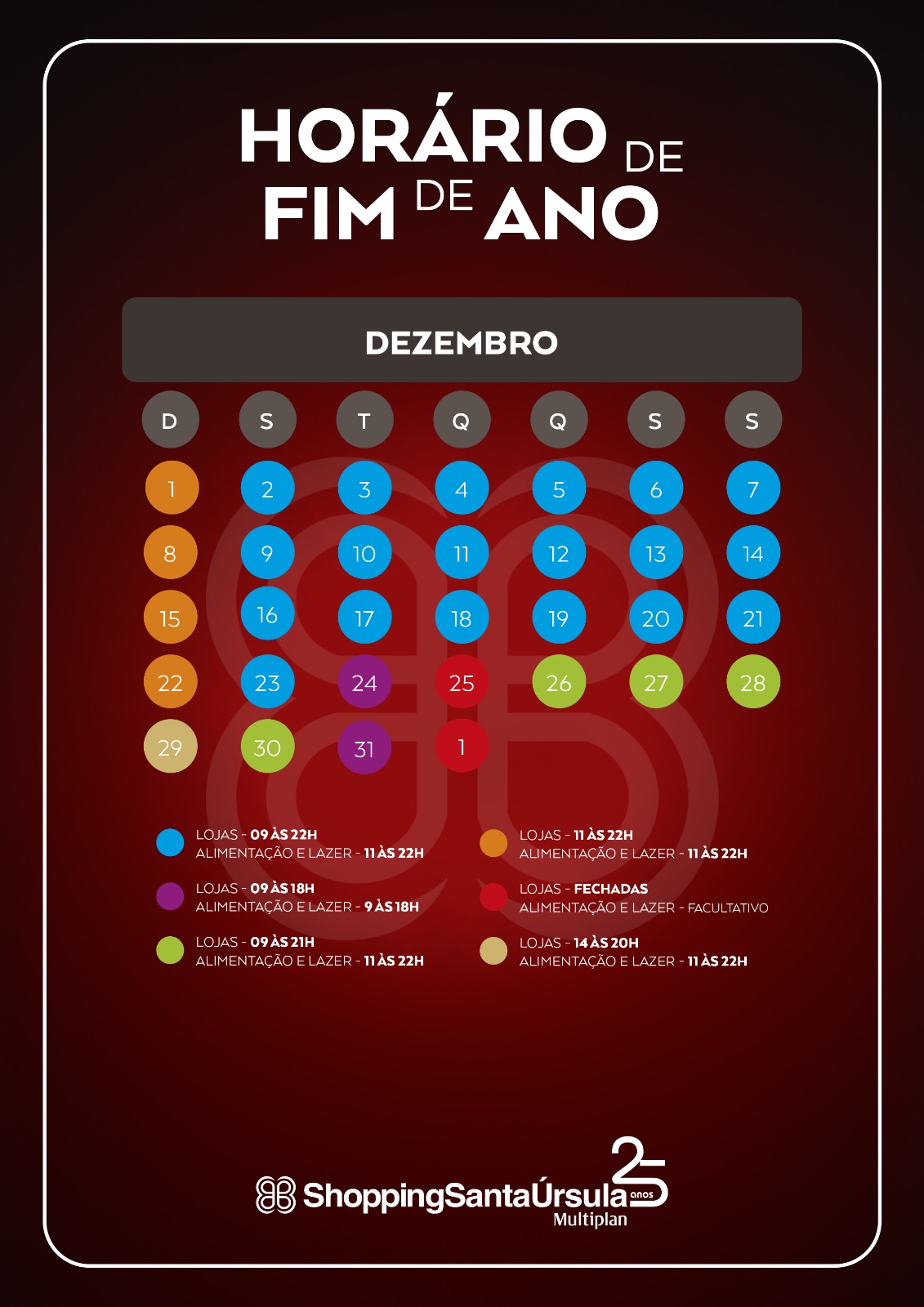 Horários especiais de funcionamento do ShoppingSantaÚrsula no mês de dezembro