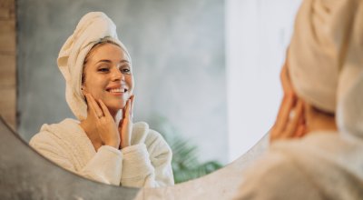 Woman at home applying cream mask