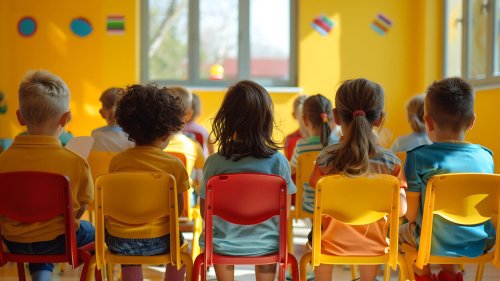 Lively back-to-school lesson with kids in a bright classroom